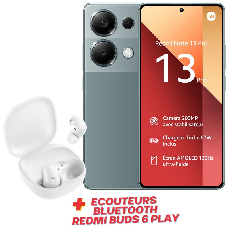 Smartphone XIAOMI Redmi Note 13 PRO/ 12 Go / 512 Go / Vert + Ecouteurs Bluetooth sans fil Redmi Buds 6 Play Offerts
