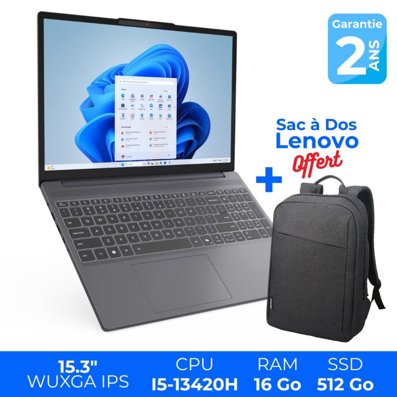 Pc Portable Lenovo IdeaPad Slim 3 15IRH10 / i5-13420H / 16 Go / 512 Go SSD / Gris Avec Sac à dos Lenovo Original Offert